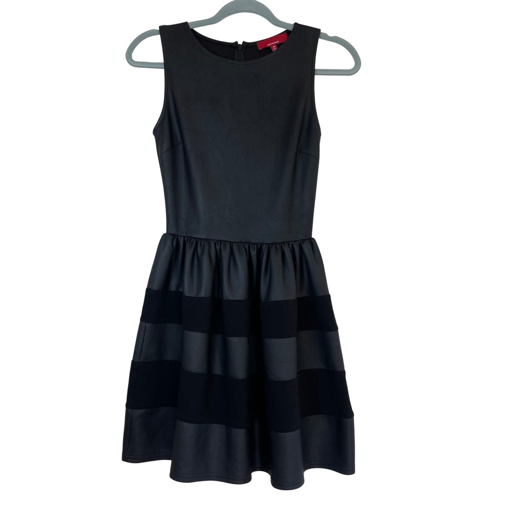 RED Saks Fifth Avenue Size S Fit Flare Dress Black Faux Leather Y2K‎ Sleeveless